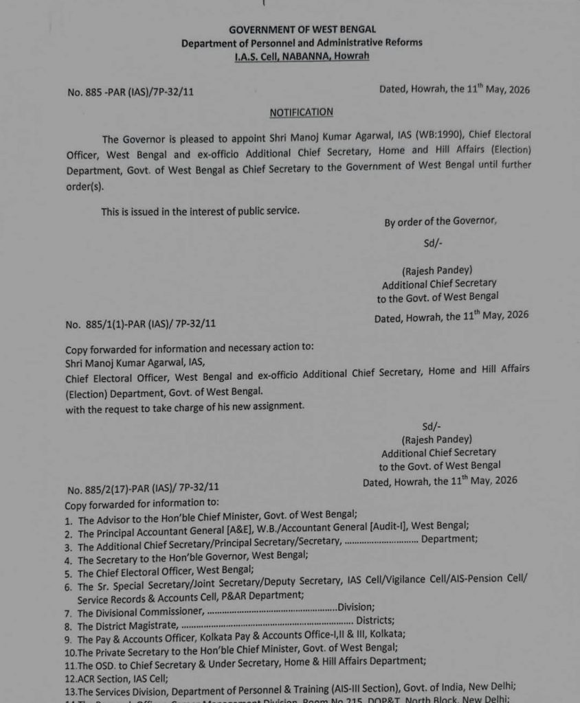 Manoj Kumar who presided over SIR in Bengal and oversaw the Bengal election as an EC officer has now been made Chief Secretary of Bengal