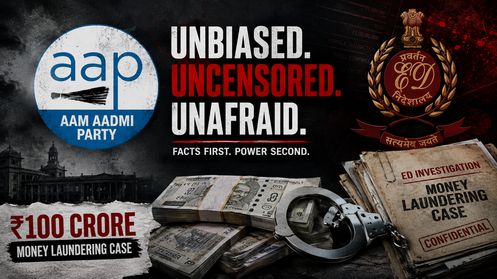 Editorial-style cover image showing the Aam Aadmi Party logo, Enforcement Directorate emblem, stacks of cash, handcuffs, and investigation files related to an alleged ₹100 crore money laundering case, with bold text reading “UNBIASED. UNCENSORED. UNAFRAID.” in a dark red-and-black political news design.